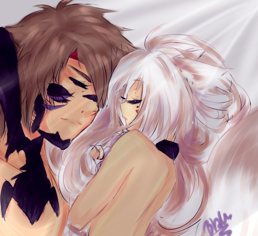 10s, 1boy, 1girl, anastaysia_aliapoh_(tinyqote), animal_ears, artist_name, au_ra, au_ra_xaela, borrowed_character, brown_hair, cat_ears, cat_tail, closed_mouth, collar, couple, eyelashes, closed_eyes, facial_mark, final_fantasy, final_fantasy_xiv, headband, hetero, jetei_ejinn_(nihil242), lipstick, long_hair, lying, makeup, miqo'te, mole, mole_under_eye, nude, original, petite, pink_lips, short_hair, silver_hair, simple_background, size_difference, sleeping, straight_hair, tail, tinyqote, upper_body, white_background