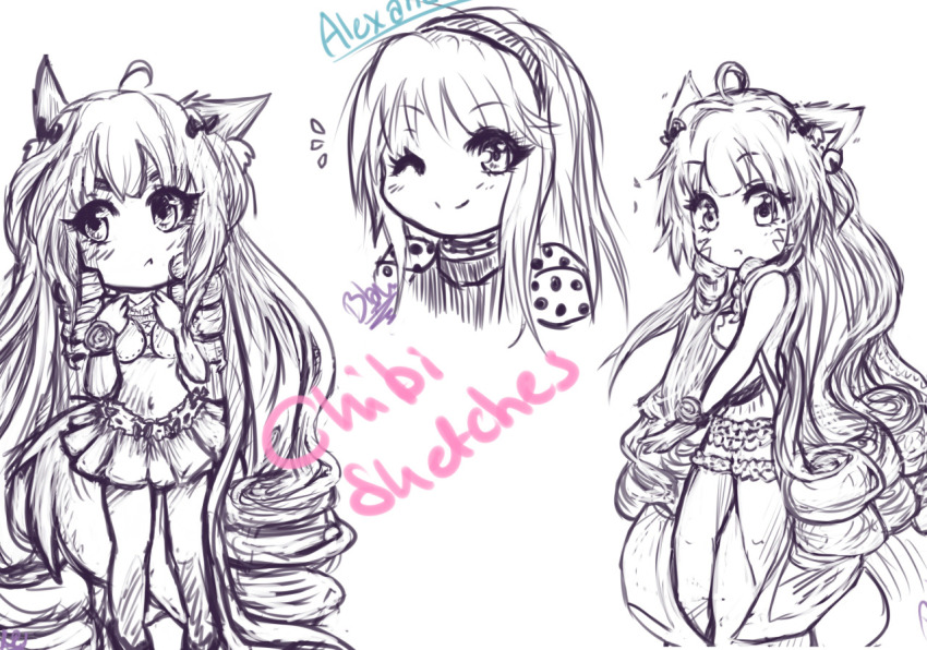 10s, 2girls, :<, :c, ahoge, anastaysia_aliapoh_(tinyqote), animal_ears, artist_name