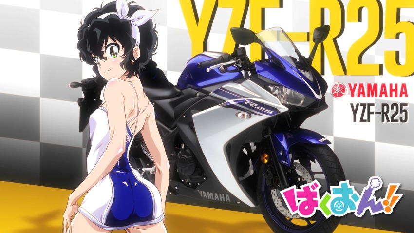 10s, 1girl, amano_onsa, anime_screenshot, ass, back, bakuon!!, bare_shoulders, black_hair, curly_hair, dress, eyecatch, female_focus, green_eyes, hairband, highres, looking_at_viewer, looking_back, motor_vehicle, motorcycle, non-web_source, race_queen, short_dress, short_hair, smile, solo, vehicle, yamaha, yamaha_yzf-r25