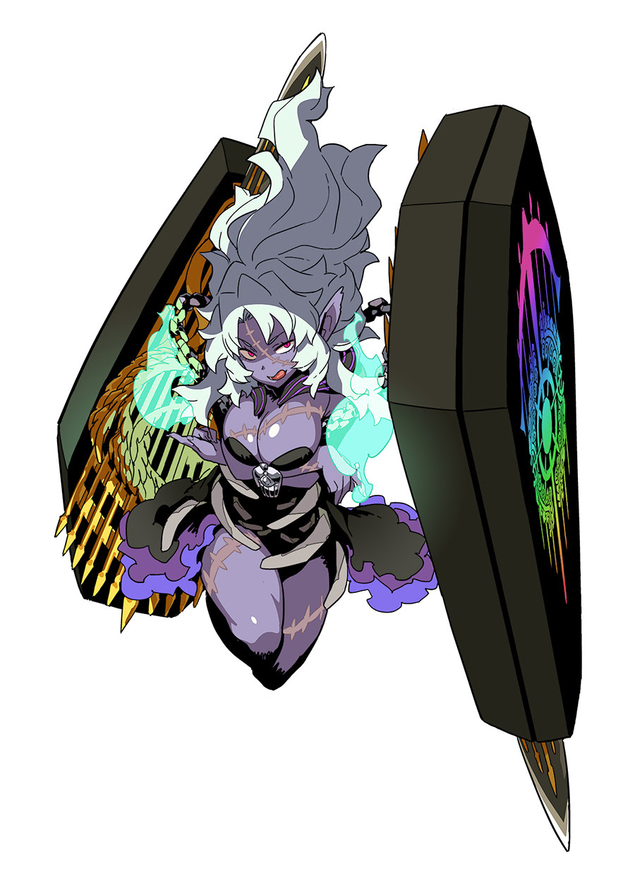 1girl, blue_skin, breasts, chain, cleavage, colored_skin, crossed_arms, etrian_odyssey