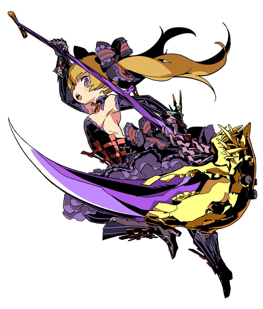 1girl, armpits, backless_dress, backless_outfit, blonde_hair, boots, breasts, dress, elbow_gloves, etrian_odyssey, female_focus, gloves, himukai_yuuji, holding, layered_dress, long_hair, official_art, profile, purple_eyes, reaper_(sekaiju), reaper_2_(sekaiju), scythe, sekaiju_no_meikyuu, sekaiju_no_meikyuu_5, sideboob, simple_background, solo, twintails, white_background