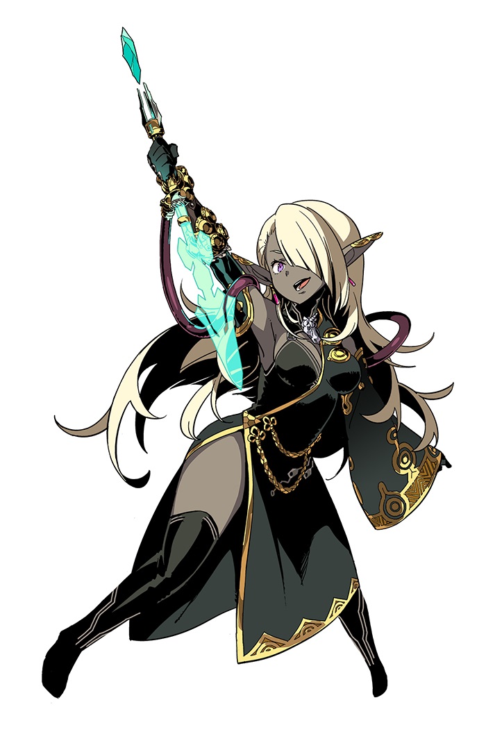 1girl, arm_up, asymmetrical_clothes, asymmetrical_hair, black_boots, black_thighhighs, boots, dark_elf