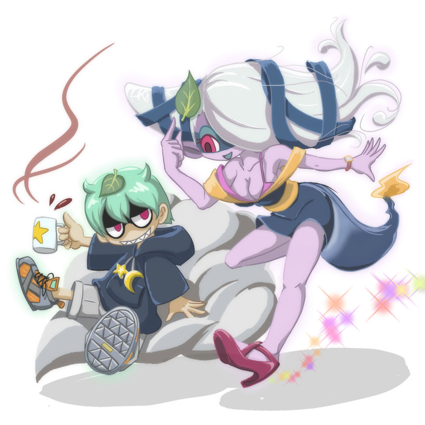 10s, 1boy, 1girl, breasts, colored_skin, cup, fuumin_(youkai_watch), green_hair