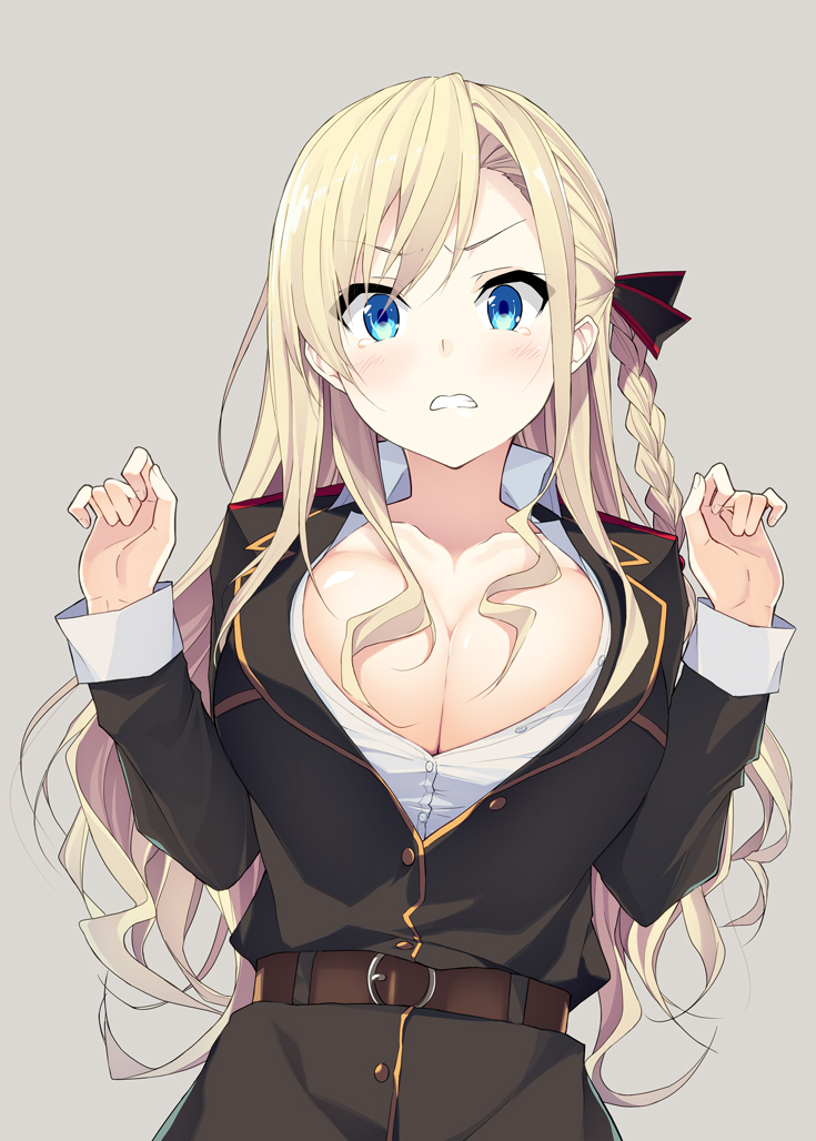 10s, 1girl, belt, blonde_hair, blue_eyes, braid, breasts, bursting_breasts, cleavage, commentary_request, female_focus, high_school_fleet, itsui_(dihydrogenmonoxid), large_breasts, military, military_uniform, side_braid, simple_background, single_braid, solo, tears, unbuttoned, unbuttoned_shirt, wilhelmina_braunschweig_ingenohl_friedeburg