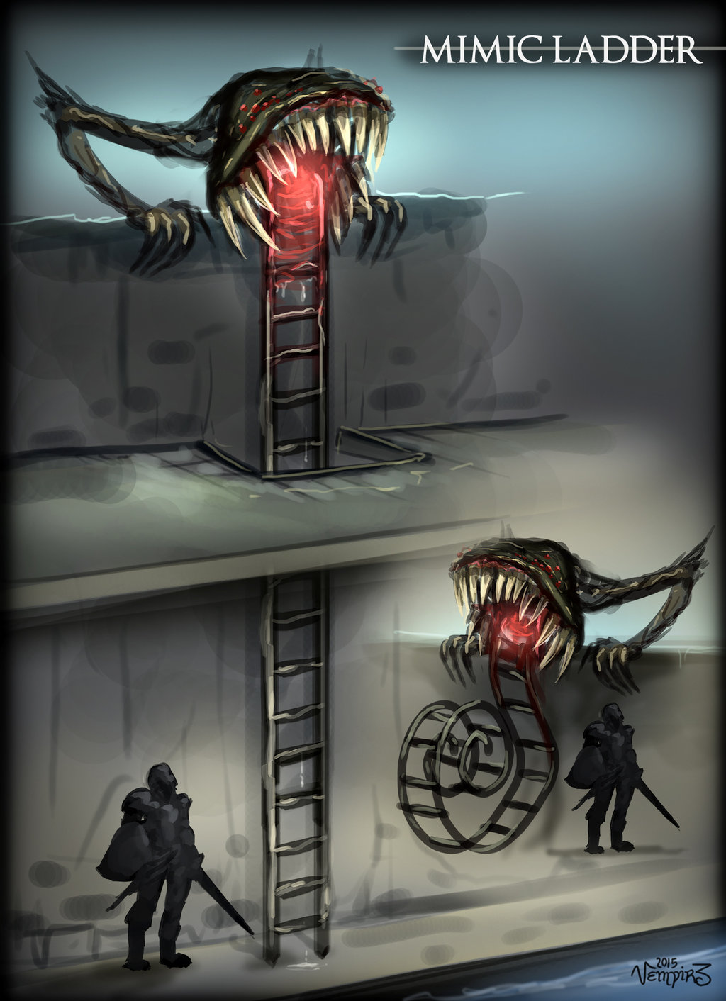 10s, 1boy, 2015, armor, dark_souls_(series), dark_souls_i, highres, ladder, long_tongue, mimic, monster, sword, tongue, tongue_out, vempirick, weapon
