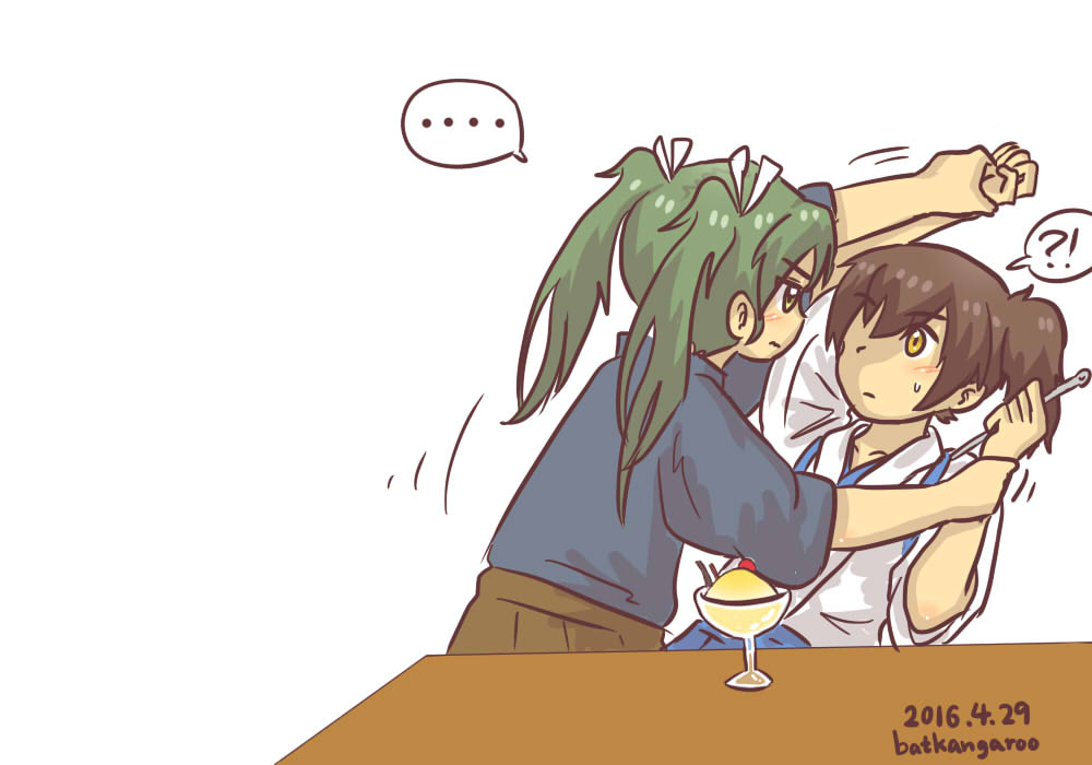 !?, ..., 10s, 2016, 2girls, artist_name, batkangaroo, brown_hair, dated, closed_eyes, food, green_hair, hair_ribbon, hakama, hakama_short_skirt, hakama_skirt, ice_cream, japanese_clothes, kaga_(kancolle), kantai_collection, multiple_girls, red_skirt, remodel_(kantai_collection), ribbon, side_ponytail, skirt, spoken_ellipsis, spoken_interrobang, struggling, twintails, yuri, zuikaku_(kancolle)