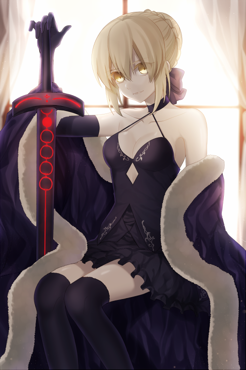1girl, artoria_pendragon_(fate), blonde_hair, breasts, cape, cleavage, coat, elbow_gloves, excalibur_morgan_(fate), fate/grand_order, fate/stay_night, fate_(series), female_focus, fur-trimmed_cape, fur_coat, fur_trim, gloves, looking_at_viewer, pale_skin, saber_(fate), saber_alter, saber_alter_(final_ascension), short_hair, solo, takashima_saki, thighhighs, thighs, window, yellow_eyes