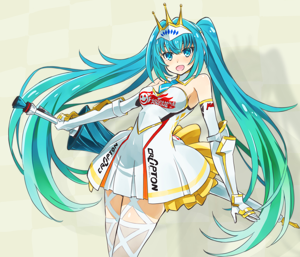 1girl, :d, aqua_hair, bare_shoulders, blue_eyes, breasts, cowboy_shot, crown