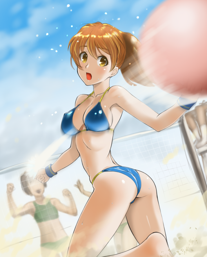 2girls, ass, bat_(animal), beach_volleyball, bikini, brown_hair, chaborin, long_hair