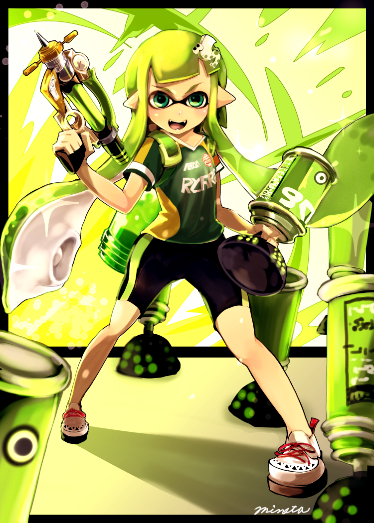 1girl, bike_shorts, black_shorts, bomb_rush_(splatoon), fangs, female_focus, full_body, green_eyes