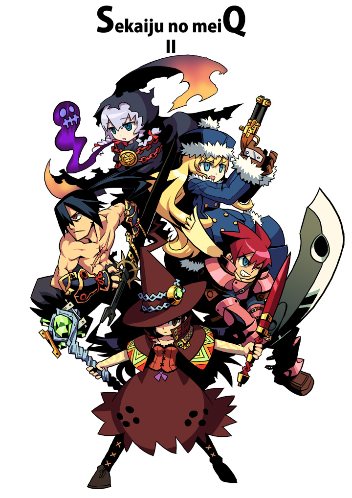 2boys, 3girls, :o, abs, armor, atlus, bad_id, bad_pixiv_id