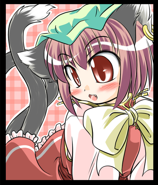 1girl, animal_ears, blush, cat_ears, cat_girl, cat_tail, chen, china_dress, chinese_clothes, dress, earrings, fang, female_focus, hat, jewelry, konechi, ribbon, short_hair, solo, tail, touhou