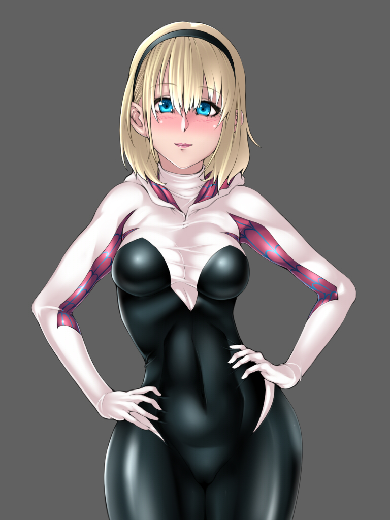 1girl, akx90000, animification, blonde_hair, blue_eyes, blush, bodysuit, breasts