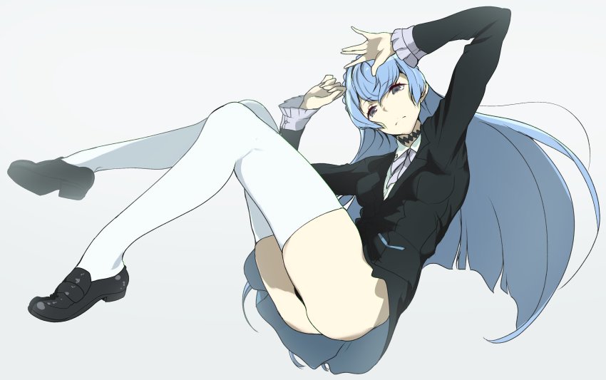10s, 1girl, absurdres, arms_up, ass, black_panties, blue_eyes, blue_hair