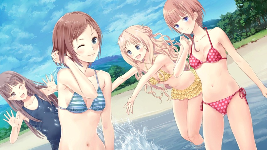 4girls, armpits, atelier_(series), atelier_meruru, atelier_rorona, atelier_totori, beach, bikini