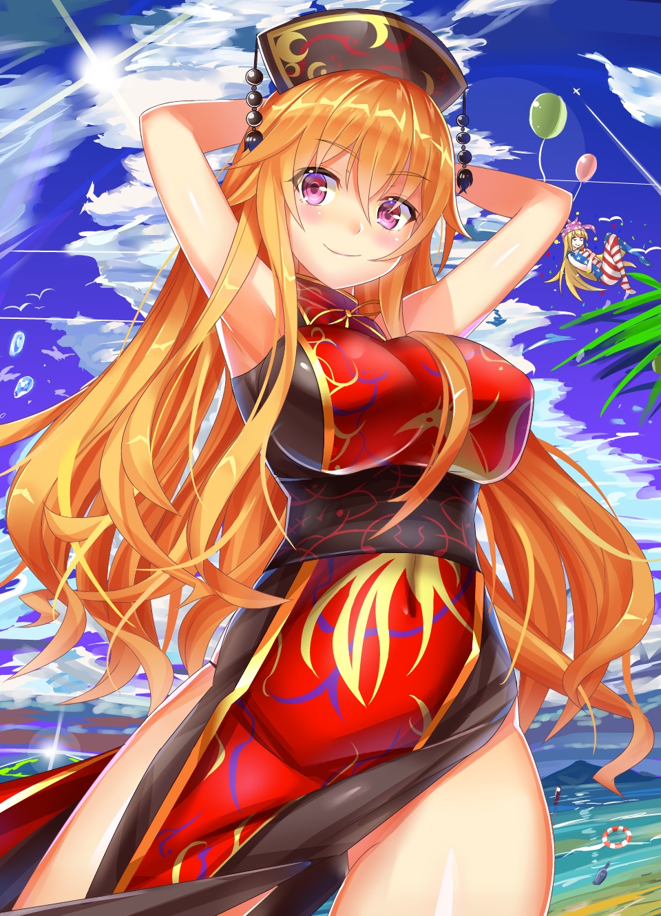 2girls, adapted_costume, american_flag_legwear, american_flag_print, american_flag_shirt, animal, armpits, arms_up