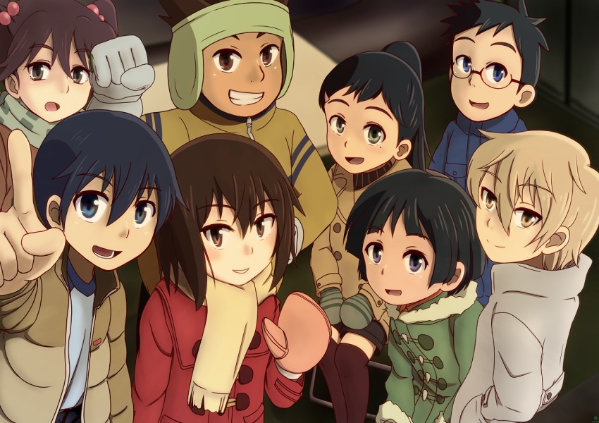 10s, 3girls, 5boys, black_hair, black_shorts, blue_eyes, boku_dake_ga_inai_machi, brown_eyes