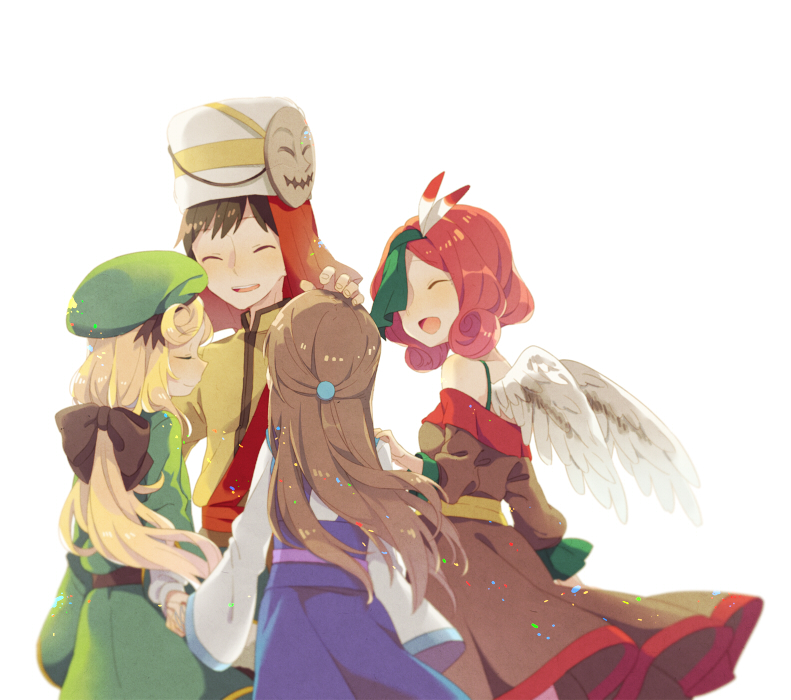 2boys, 2girls, ^_^, androgynous, bare_shoulders, blue_dress, bow, dress, en_or, closed_eyes, feathers, green_dress, hair_bow, hair_ornament, hair_ribbon, holding_hands, kusagi_(murasaki), mask, multiple_boys, multiple_girls, murasaki_(game), headpat, ribbon, shiho_(murasaki), simple_background, skirt, smile, tomato_(murasaki), wings, yuna_(murasaki)