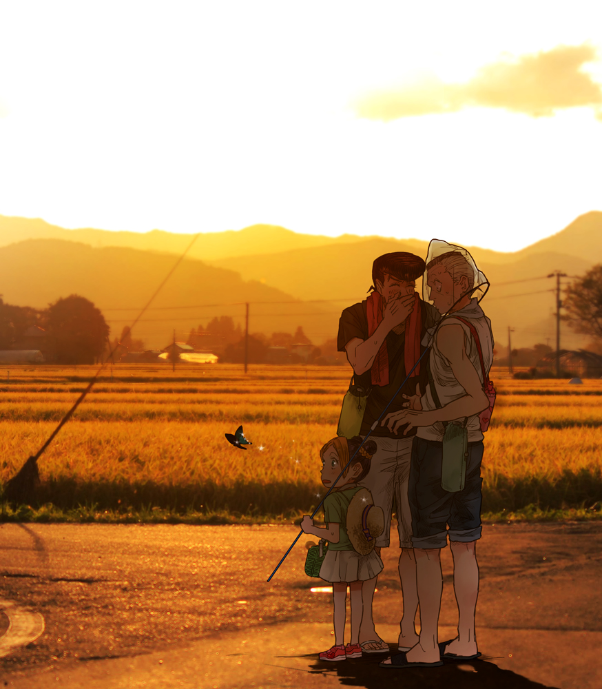 1girl, 2boys, bag, black_hair, blonde_hair, bottle, bug, butterfly