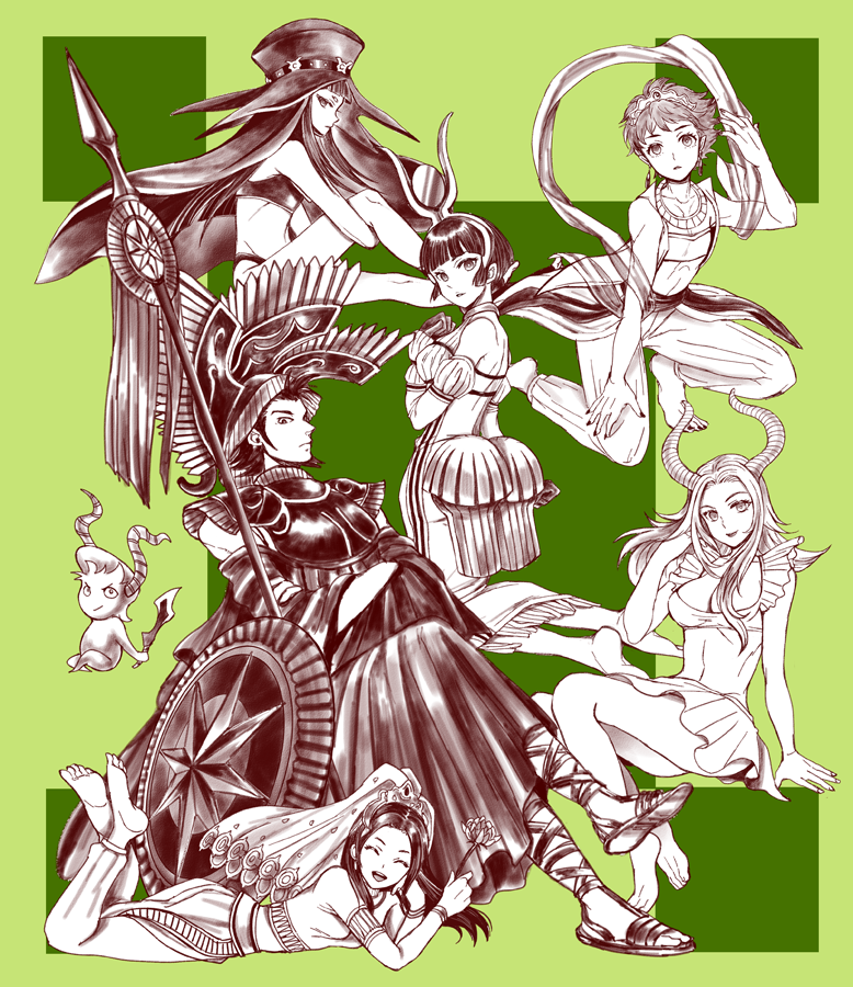 3boys, 4girls, anat_(megami_tensei), anat_(megami_tensei)_(cosplay), ancient_egyptian_clothes, anklet, armor, asahi_(megami_tensei), asian_indian_clothes, ass, barefoot, clothes_lift, cosplay, crossdressing, dagger, feet, flower, gaston_(megami_tensei), ghost, hagoromo, hallelujah_(megami_tensei), hat, hathor, hathor_(megami_tensei), hathor_(megami_tensei)_(cosplay), horns, isabeau_(megami_tensei), ishtar_(megami_tensei), ishtar_(megami_tensei)_(cosplay), jewelry, knife, lakshmi_(megami_tensei), lakshmi_(megami_tensei)_(cosplay), megami_tensei, multiple_boys, multiple_girls, navarre_(megami_tensei), nozomi_(megami_tensei), pallas_athena_(megami_tensei), pallas_athena_(megami_tensei)_(cosplay), parvati_(megami_tensei), parvati_(megami_tensei)_(cosplay), polearm, sandals, scathach_(megami_tensei), scathach_(megami_tensei)_(cosplay), shawl, shield, shin_megami_tensei, shin_megami_tensei_iv, shin_megami_tensei_iv_final, skirt, skirt_lift, smile, soles, spear, toki_(megami_tensei), trap, weapon, yk_(waikeee)