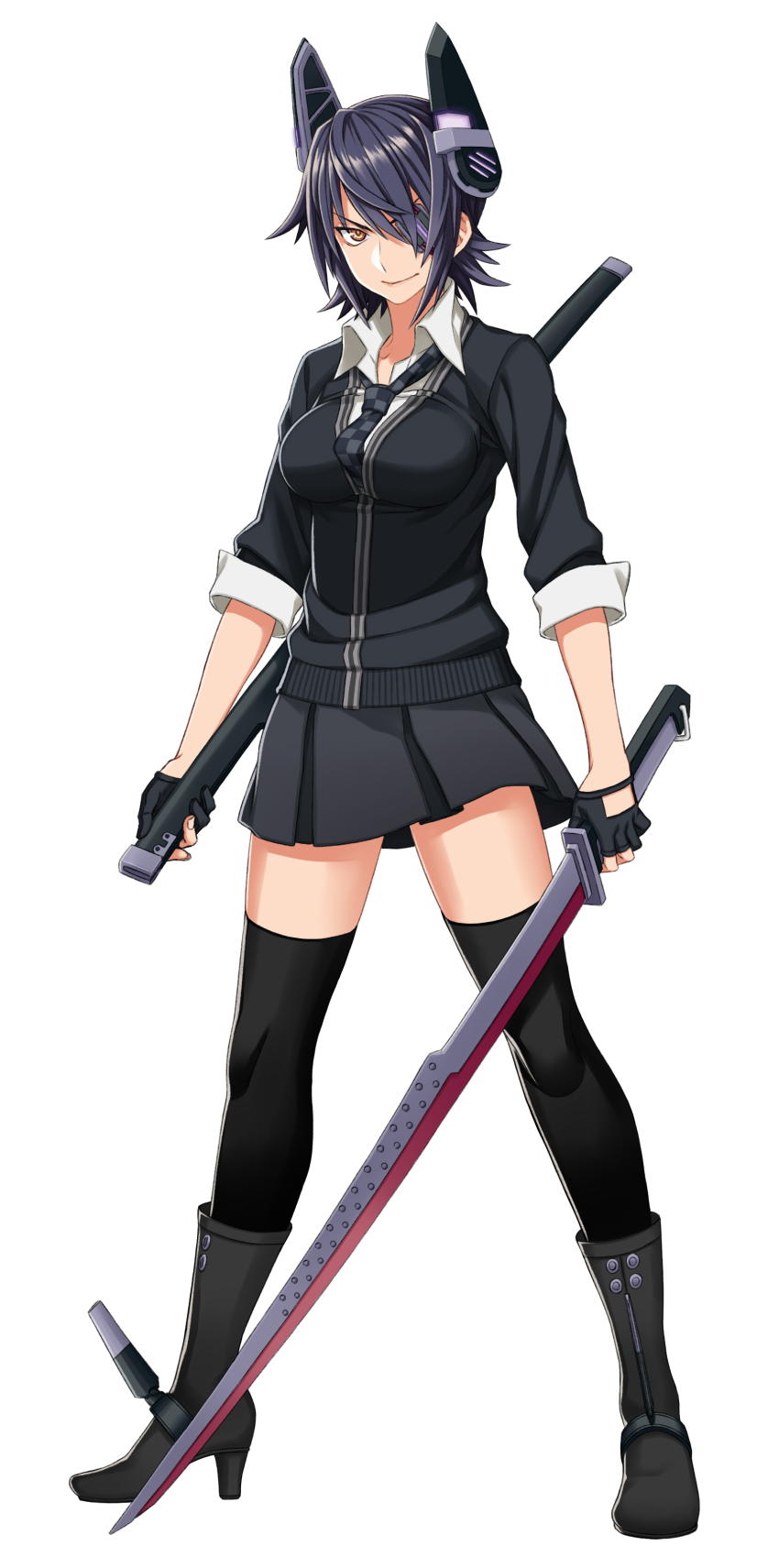 10s, 1girl, absurdres, bad_id, bad_pixiv_id, black_thighhighs, breasts, checkered_clothes