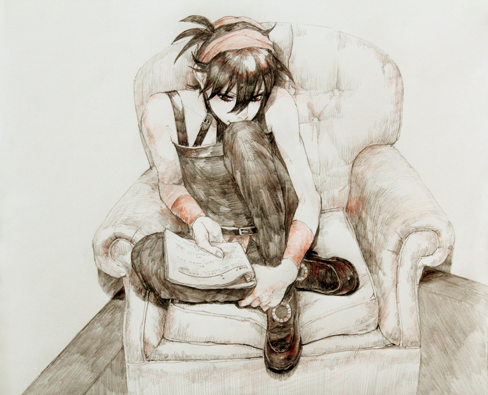 1boy, book, chair, head_rest, full_body, hairband, hatching_(texture), jojo_no_kimyou_na_bouken
