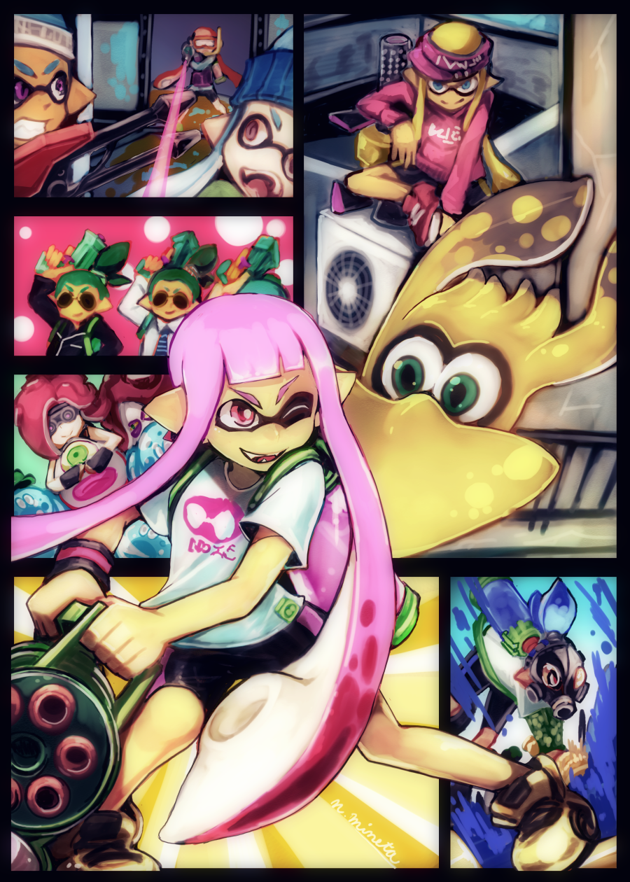.96_gal_(splatoon), 5boys, 5girls, bike_shorts, black_shorts, blue_eyes, dual_squelcher_(splatoon), eyebrows