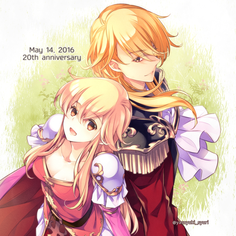 10s, 1boy, 1girl, 2016, :d, anniversary, armor, back-to-back