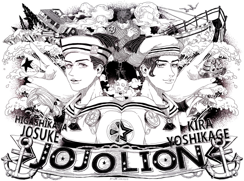 2boys, anchor_symbol, boat, bubble, buck_teeth, character_name, copyright_name, dated