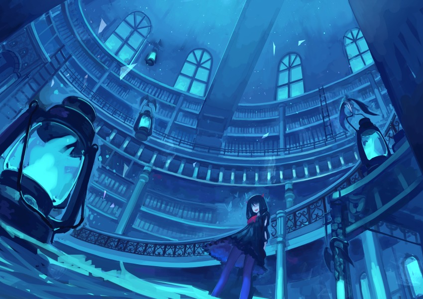 1girl, absurdres, black_dress, black_hair, blue_theme, bookshelf, demon_girl, dress