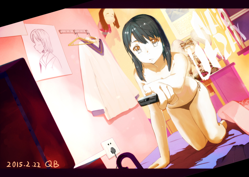 1girl, bad_id, bad_pixiv_id, black_hair, black_panties, blue_eyes, clothes_hanger, controller