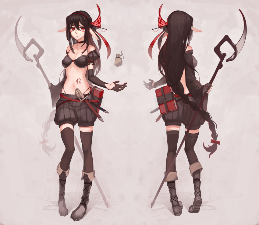 1girl, blush_stickers, bra, braid, breasts, reference_sheet, cleavage, detached_sleeves