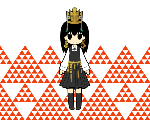 1girl, artist_request, black_hair, chibi, dress, female_focus, flat_color, kofun_period