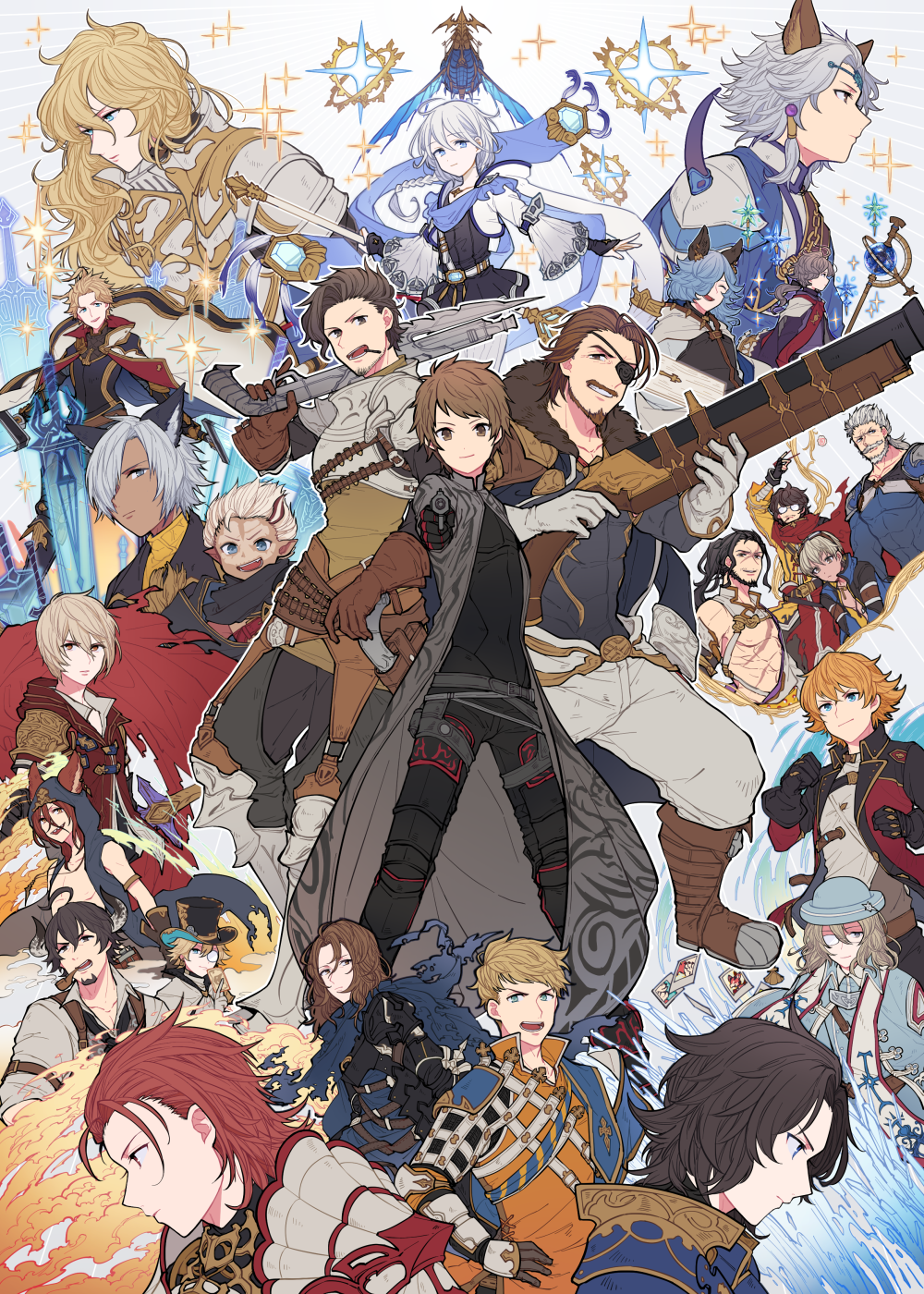 10s, 6+boys, ahoge, albert_(shingeki_no_bahamut), alternate_costume, animal_ears, armor, barawa