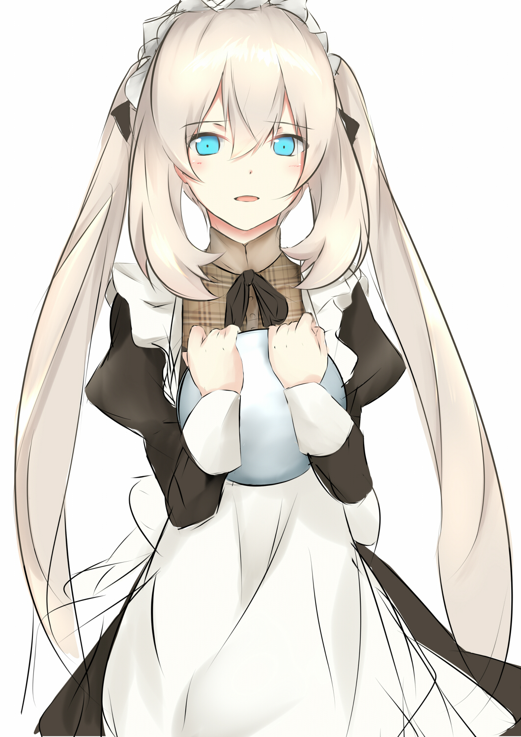 1girl, apron, asuta_(ayustat0423), blue_eyes, bow, dress, fate/grand_order, fate_(series), female_focus, frills, hairband, highres, long_hair, long_sleeves, looking_at_viewer, maid, maid_apron, maid_headdress, marie_antoinette_(animejapan_2016)_(fate), marie_antoinette_(fate), official_alternate_costume, open_mouth, plaid, puffy_sleeves, silver_hair, simple_background, solo, twintails, wrist_cuffs