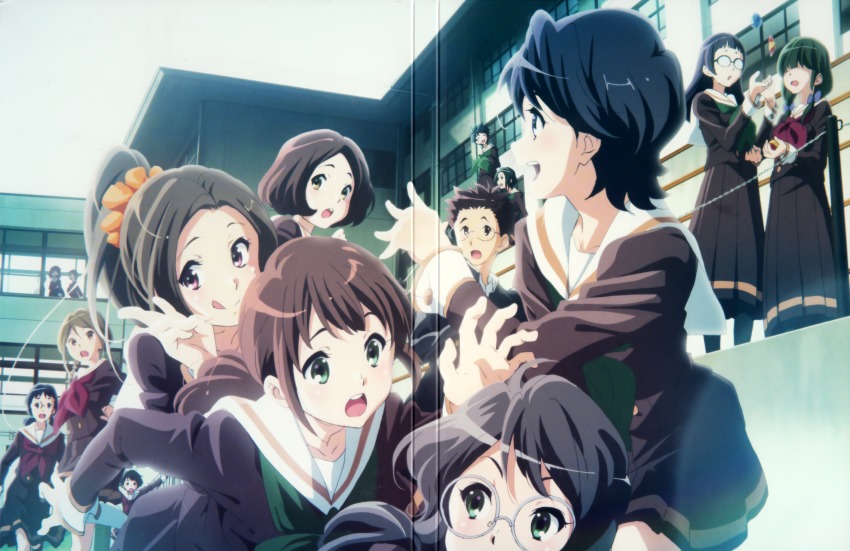 10s, 1boy, 6+girls, :d, :o, :q, absurdres, bean_bag, bow, braid, crease, extra, fang, from_side, glasses, green_neckerchief, hagiwara_shouko, hair_bow, hair_ornament, hair_over_eyes, hair_scrunchie, hibike!_euphonium, highres, ikeda_shouko, juggling, kase_maina, katou_hazuki, koshikawa_junko, long_skirt, matsuzaki_youko, multiple_girls, neckerchief, official_art, ooguchi_yumina, opaque_glasses, open_mouth, oumae_kumiko, out_of_frame, outdoors, pantyhose, ponytail, profile, red_neckerchief, scan, school, school_uniform, scrunchie, serafuku, shima_rie, short_hair, skirt, smile, suzuka_sakiko, takahisa_chieri, takano_hisae, tanaka_sugami, tongue, tongue_out, torizuka_hirone, ueda_hiyoko, usui_hitoshi, v