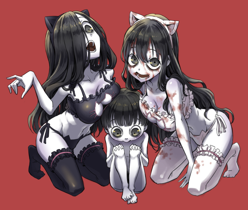 1boy, 2girls, alternate_costume, animal_ears, barefoot, black_eyes, black_hair, black_panties, blood, blood_in_hair, blood_in_mouth, blood_on_clothes, blood_on_face, blood_on_hands, blunt_bangs, bowl_cut, bra, breast_press, breast_rest, breasts, breasts_on_head, cat_cutout, cat_ear_panties, cat_ears, cat_lingerie, cleavage, cleavage_cutout, clothing_cutout, collarbone, colored_skin, crossover, empty_eyes, fake_animal_ears, frilled_legwear, frilled_thigh_strap, frills, full_body, grey_eyes, grey_skin, hair_between_eyes, hair_over_one_eye, hand_up, kneeling, large_breasts, long_hair, looking_at_another, looking_at_viewer, looking_down, mother_and_child, mother_and_son, multiple_girls, navel, no_shoes, palms, panties, parent_and_child, partially_colored, red_background, sadako_vs._kayako, saeki_kayako, saeki_toshio_(ju-on), side-tie_panties, simple_background, sitting, stomach, taniguchi_seima, teeth, the_grudge, the_ring, thigh_strap, thighhighs, toned, trait_connection, underwear, underwear_only, very_long_hair, wavy_hair, white_legwear, yamamura_sadako