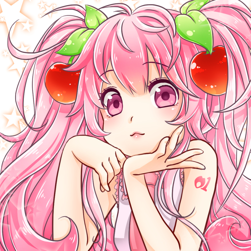 1girl, cherry_hair_ornament, commentary_request, female_focus, food-themed_hair_ornament, hair_ornament, hatsune_miku, karato