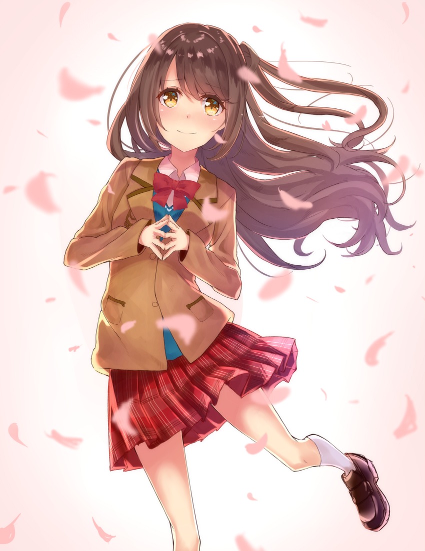 10s, 1girl, blazer, blush, brown_eyes, brown_hair, cherry_blossoms, female_focus
