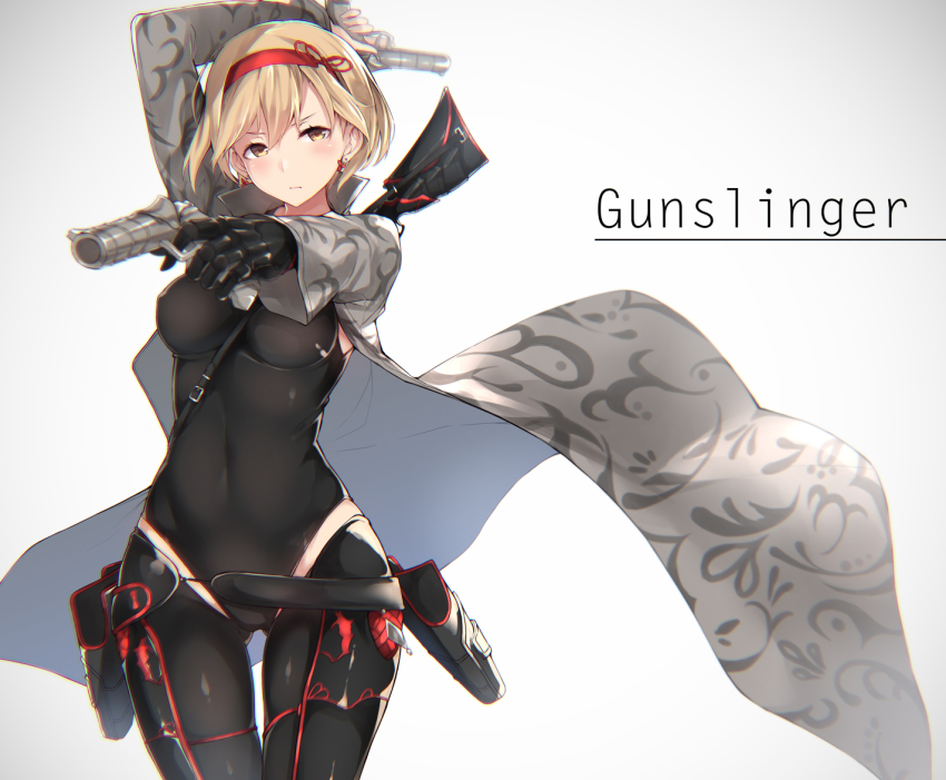 10s, 1girl, alternate_costume, arm_up, black_gloves, blonde_hair, bodysuit, breasts, brown_eyes, coat, djeeta_(granblue_fantasy), dual_wielding, earrings, female_focus, gloves, granblue_fantasy, gun, gunslinger_(granblue_fantasy), hairband, handgun, holding, holster, jewelry, leotard, long_sleeves, looking_at_viewer, nanahara_fuyuki, open_clothes, open_coat, short_hair, solo, weapon
