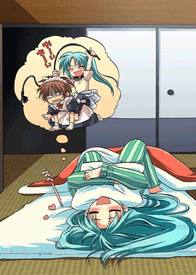 00s, 1boy, 1girl, barefoot, blush, closed_eyes, crossdressing, dreaming, femdom, fujitaka_(akasora), fujitaka_akasora, fusuma, futon, green_hair, higurashi_no_naku_koro_ni, hugging_object, long_hair, long_sleeves, lying, maebara_keiichi, maid_headdress, no_nose, on_back, open_mouth, pajamas, pillow, pillow_hug, rectangular_mouth, sleeping, sliding_doors, sonozaki_mion, striped_clothes, striped_pajamas, tatami, trap, upside-down