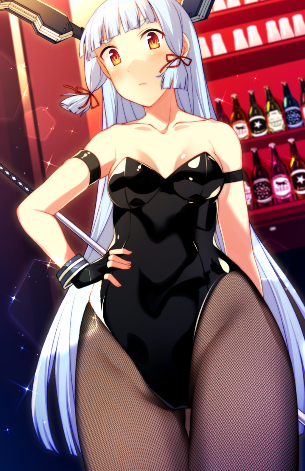 10s, 1girl, alternate_costume, armband, bare_shoulders, black_gloves, blunt_bangs, blush