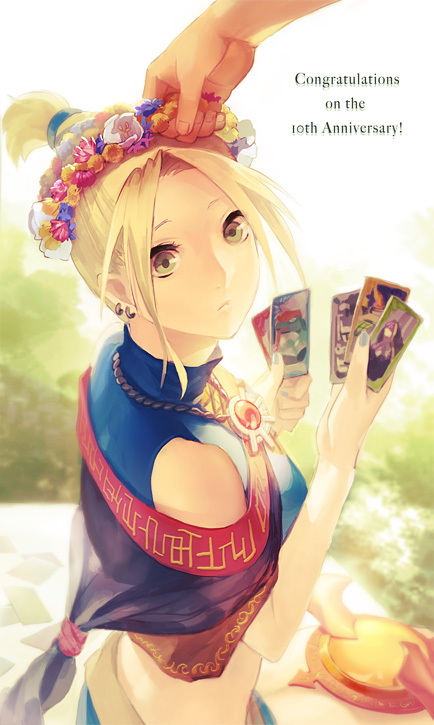 1girl, aruk, bare_shoulders, blonde_hair, capelet, card, earrings, green_eyes, jewelry, long_hair, looking_up, necklace, rune_ii, solo_focus, surprised, tara_grimface, wreath
