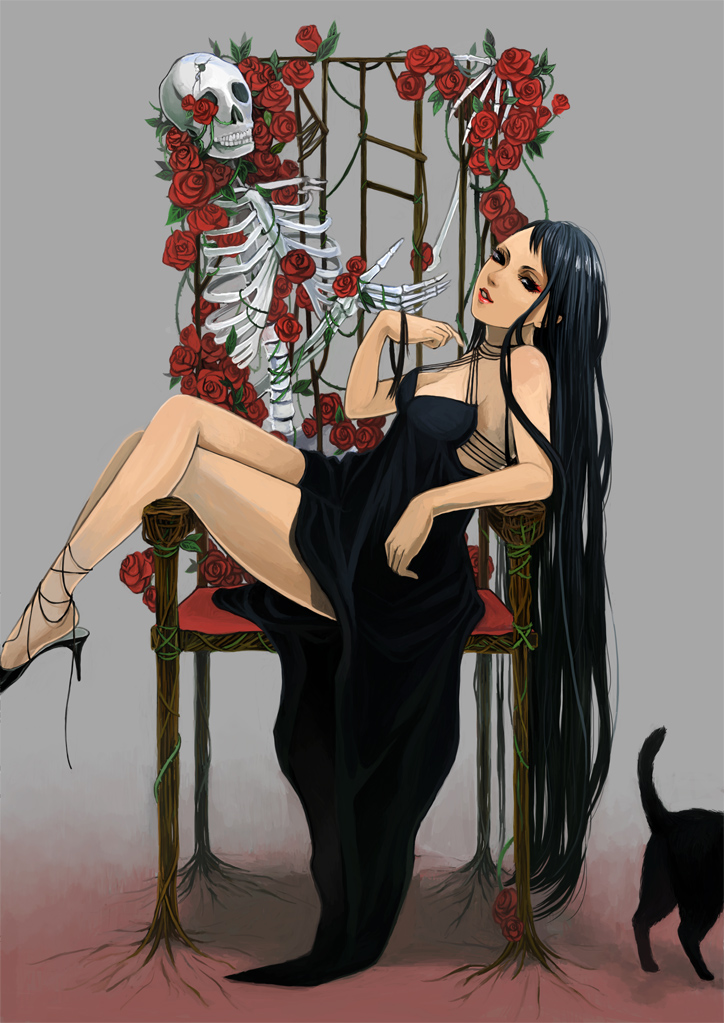 1girl, bad_id, bad_pixiv_id, bare_shoulders, black_cat, black_dress, black_hair, breasts