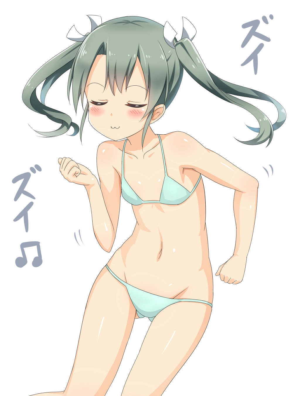10s, 1girl, :3, :d, aqua_bikini, bare_legs, bare_shoulders, beamed_quavers, bikini, blush, breasts, closed_eyes, collarbone, cowboy_shot, dancing, female_focus, grey_hair, hair_ribbon, highres, kantai_collection, musical_note, navel, nedia_(nedia_region), open_mouth, ribbon, simple_background, small_breasts, smile, solo, swimsuit, twintails, white_background, zui_zui_dance, zuikaku_(kancolle)