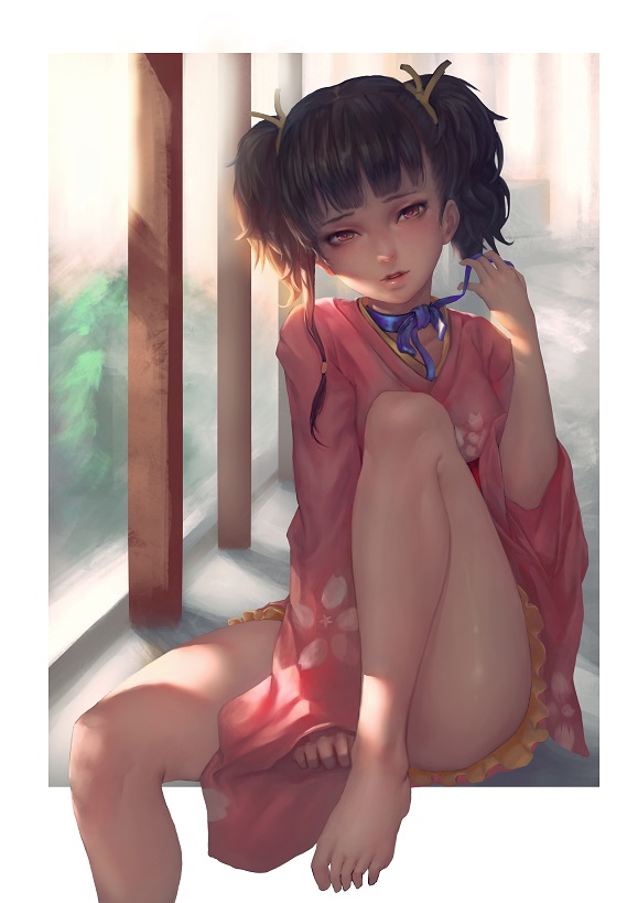 10s, 1girl, barefoot, brown_hair, creep_(gundamdg), feet, female_focus, japanese_clothes, kimono, koutetsujou_no_kabaneri, looking_at_viewer, mumei_(kabaneri), red_eyes, ribbon, short_hair, solo, twintails