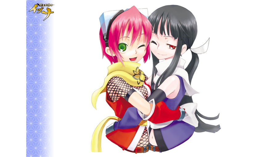 2girls, bare_shoulders, black_hair, bow, breast_press, breasts, cleavage, colored_eyelashes