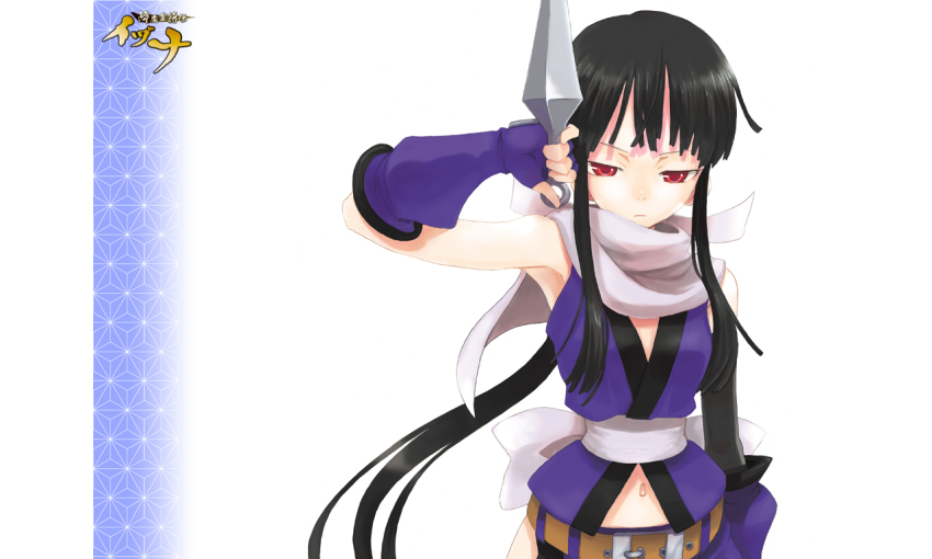 1girl, armpits, bare_shoulders, belt, black_hair, bow, elbow_gloves, female_focus, gloves, gouma_reifuden_izuna, kunai, long_hair, midriff, navel, ninja, official_art, official_wallpaper, red_eyes, scarf, shino_(gouma_reifuden_izuna), solo, weapon, yoshida_on