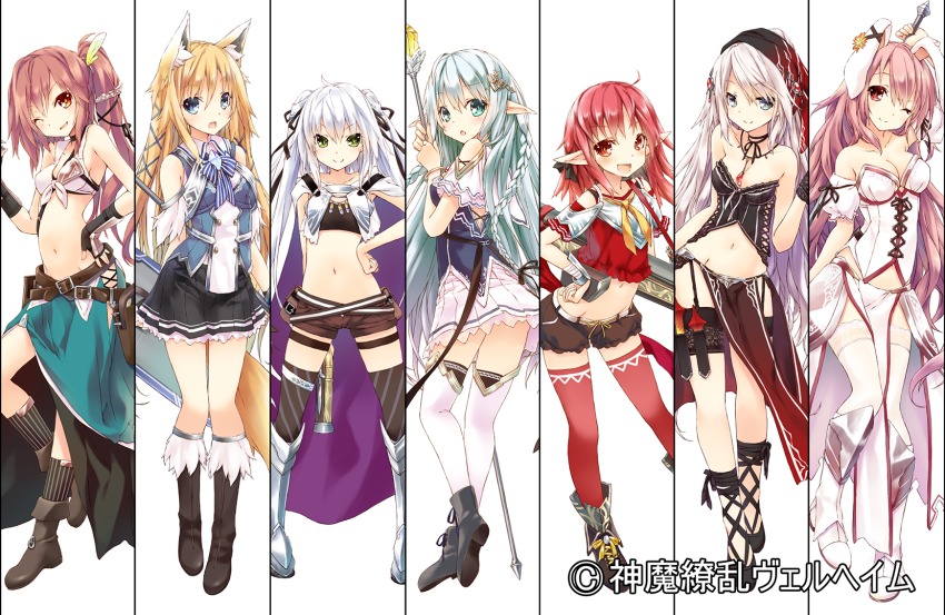 6+girls, animal_ear_fluff, animal_ears, armor, armored_boots, black_legwear, black_ribbon, black_shorts, black_skirt, blonde_hair, blue_eyes, boots, breasts, brown_eyes, brown_hair, character_request, cleavage, collarbone, elf, everyone, fingerless_gloves, front-tie_top, gloves, green_eyes, groin, gun, hair_ornament, hair_ribbon, hairpin, hand_on_own_hip, happy, highres, holding, kitsune, long_hair, looking_at_viewer, midriff, multiple_girls, navel, one_eye_closed, original, pleated_skirt, pointy_ears, ponytail, rabbit_ears, red_eyes, red_hair, red_legwear, ribbon, saeki_touma, shimaryouran_wellheim, shinma_ryouran_welheim, short_shorts, shorts, skirt, source_request, staff, sword, tail, thighhighs, wand, warrior, weapon, white_hair, white_legwear, wink, yellow_eyes