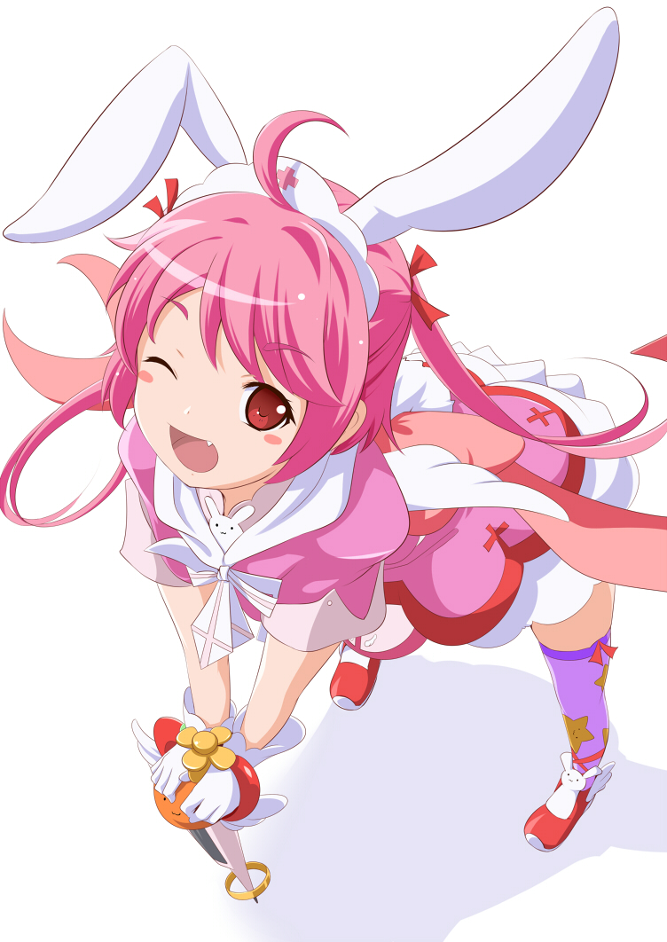 10s, 1girl, ;d, ahoge, animal_ears, bent_over, blush_stickers, cross